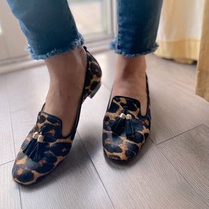 Leopard print slip ons with tassels